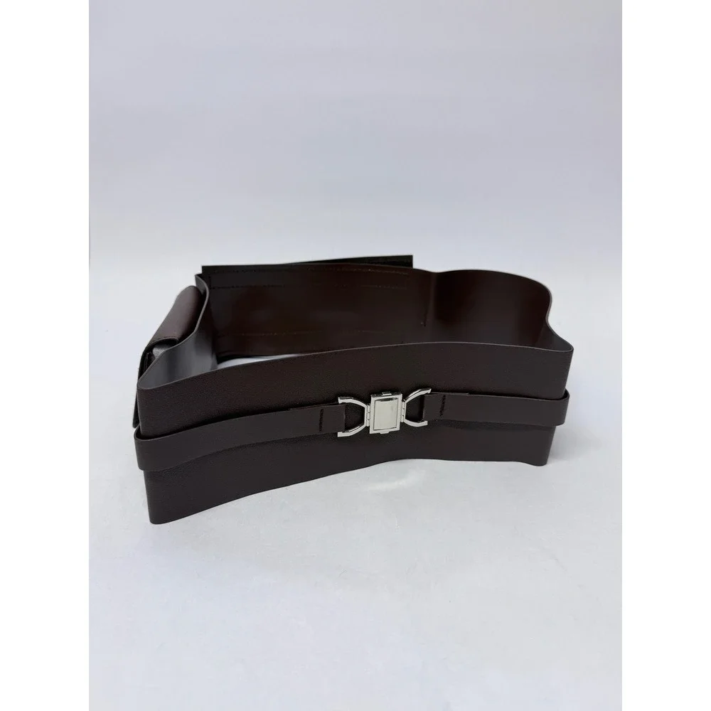 Dark Brown Faux Leather Wide Corset Utility Belt with Removable Pouch SilverTone